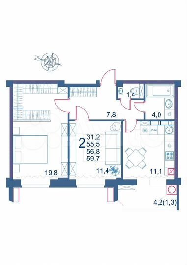 2-к. квартира, 59,7 м², 7/9 эт.