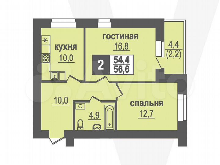 2-к. квартира, 56,6 м², 3/10 эт.