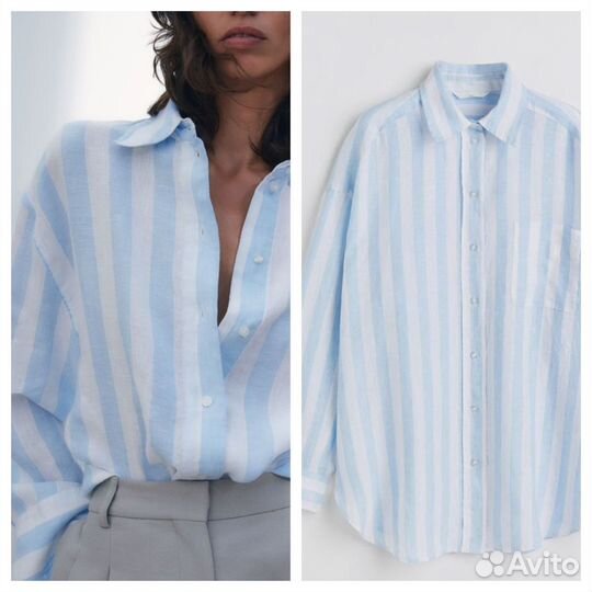 NEW Рубашка из льна H&M голубая полоска овер новая