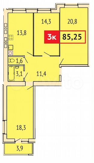 3-к. квартира, 85,3 м², 8/9 эт.