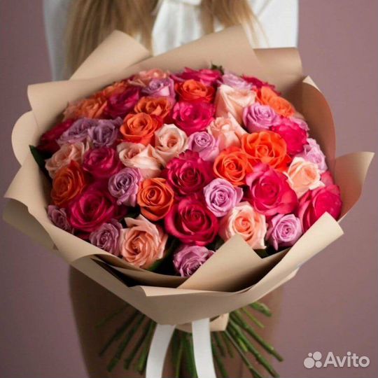 Букет разноцветных роз, Эквадор, 50см 33 шт