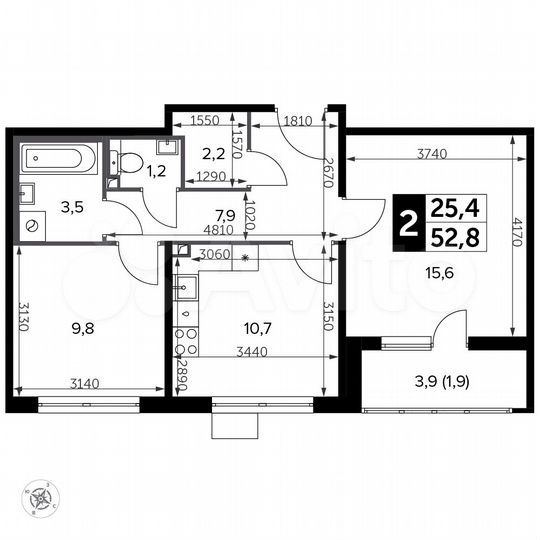 2-к. квартира, 52,8 м², 13/23 эт.