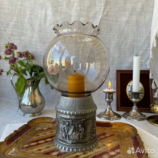 Большой подсвечник с плафоном. Олово. 27 см