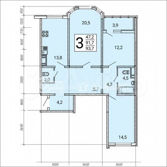 3-к. квартира, 93,7 м², 2/20 эт.