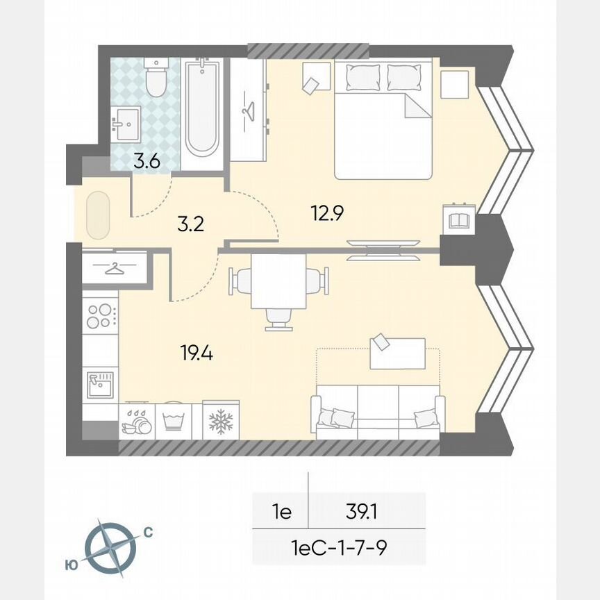 1-к. квартира, 39,1 м², 9/43 эт.