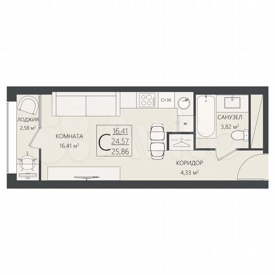 Квартира-студия, 25,9 м², 15/17 эт.