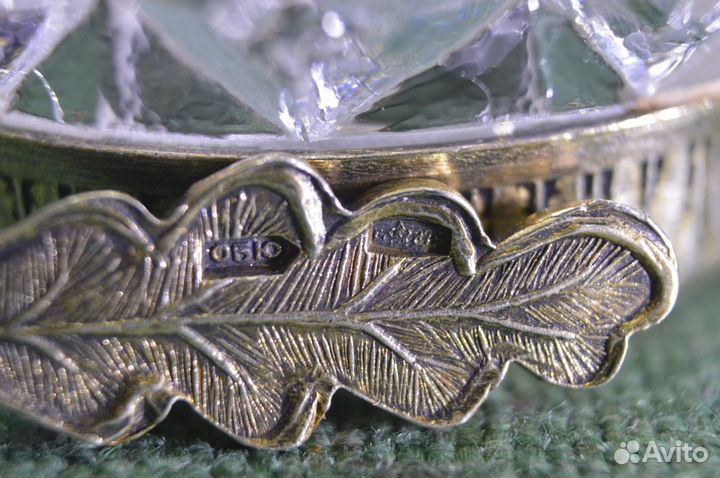 Солонка, горчичница с серебряной ложечкой. Хрустал