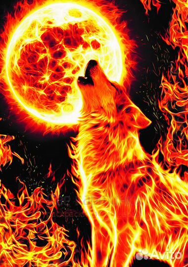 Алмазная мозаика 30x40 Огненный волк и луна