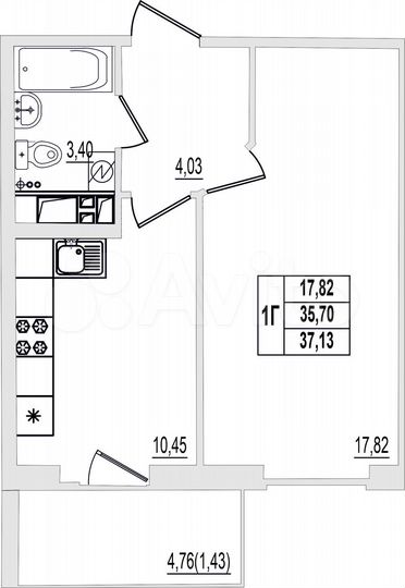 1-к. квартира, 37,1 м², 5/9 эт.