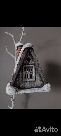 Ватная ёлочная игрушка - синий дом A-frame