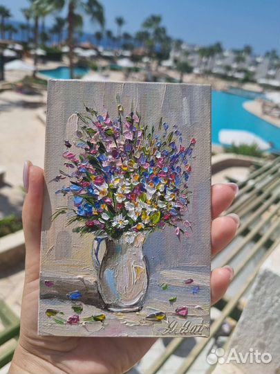 Картина маслом с цветами натюрморт цветы ромашки