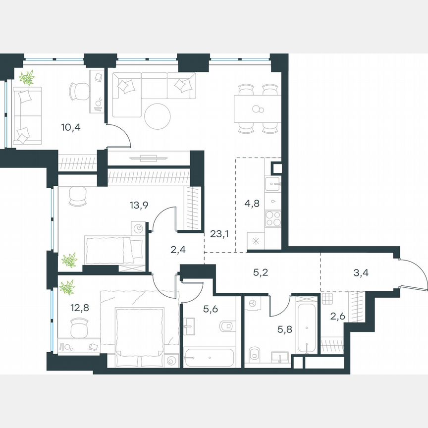 4-к. квартира, 89,9 м², 12/48 эт.