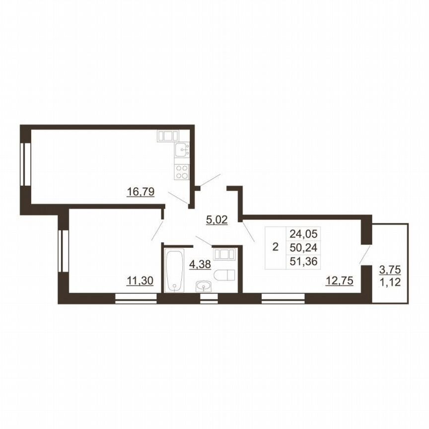 2-к. квартира, 51,4 м², 2/6 эт.