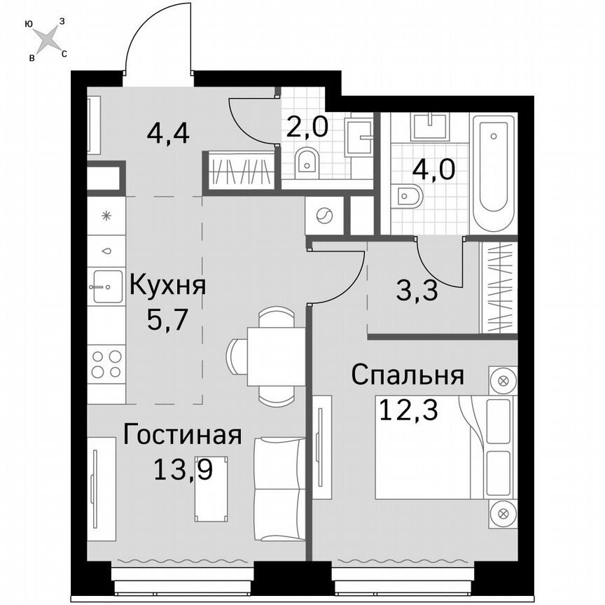 1-к. квартира, 45,6 м², 45/60 эт.