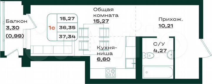 1-к. квартира, 37,3 м², 4/7 эт.