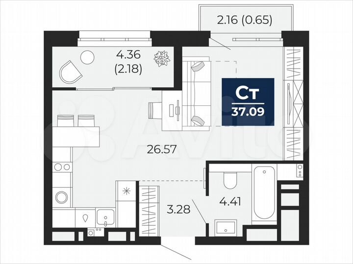 Квартира-студия, 37,1 м², 9/21 эт.