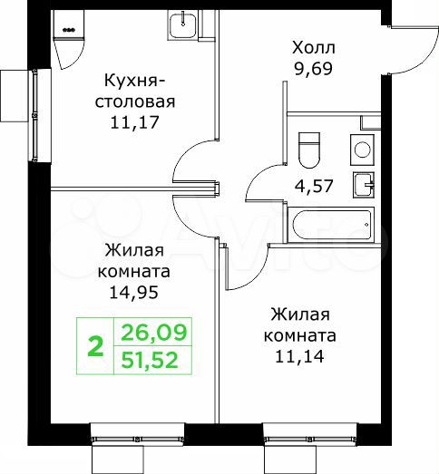 2-к. квартира, 51,5 м², 3/25 эт.