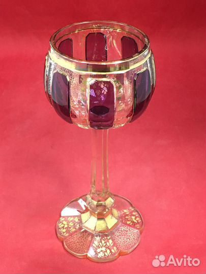 Бокал фужер старинный цветное стекло позолота