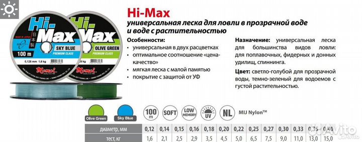 Леска Momoi Hi-Max 0,11мм,1,2кг150 м,5шт