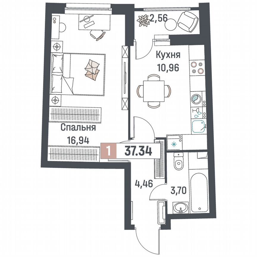1-к. квартира, 37,3 м², 2/18 эт.