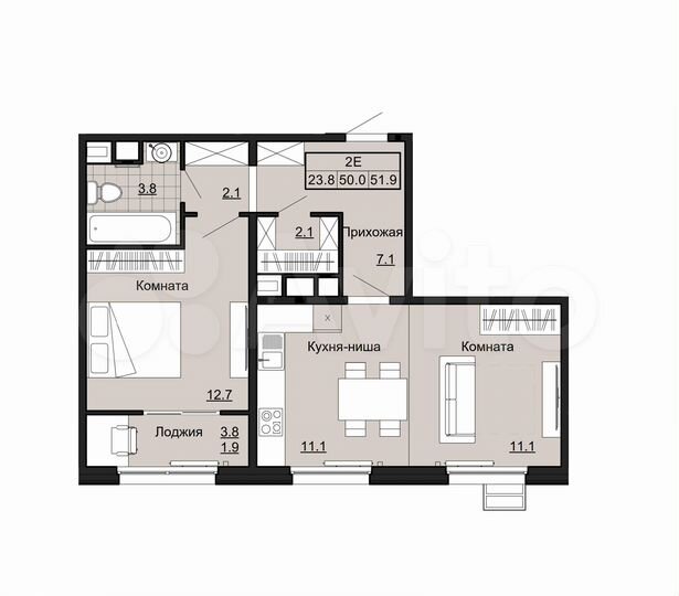 2-к. квартира, 51,9 м², 5/12 эт.