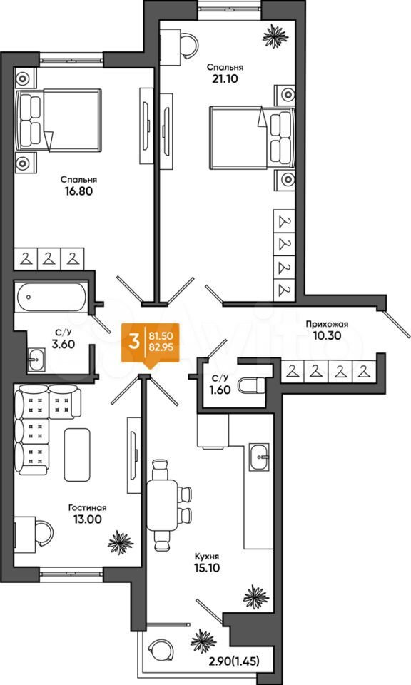 3-к. квартира, 83 м², 11/18 эт.