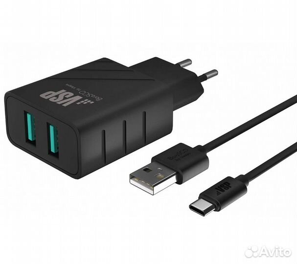 Сзу адаптер 2 USB 2.4A + Дата-кабель Type-C 2А (10
