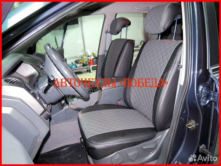 Чехлы Ssangyong Kyron из экокожи чёрно-серые Ромб