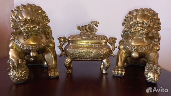 Старинные Бронзовые статуэтки Львы Стражи