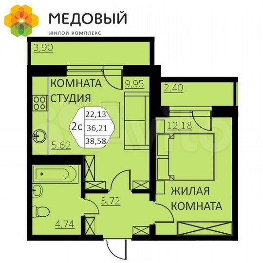 2-к. квартира, 38,6 м², 9/14 эт.