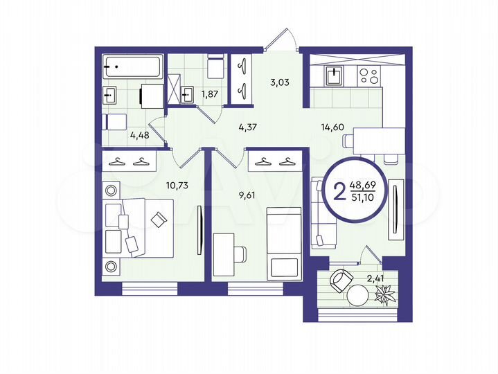 2-к. квартира, 51,1 м², 1/4 эт.