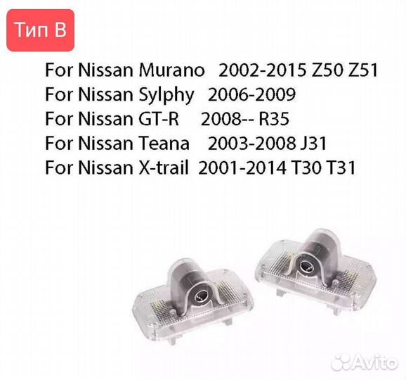 Подсветка в двери с проекцией логотипа Ниссан 2шт