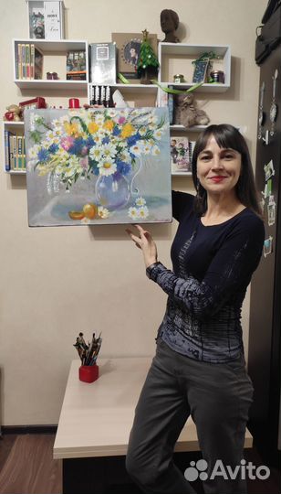 Картина маслом натюрморт с полевыми цветами, яркий