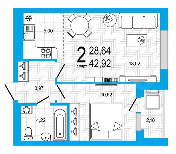 2-к. квартира, 42,9 м², 12/25 эт.