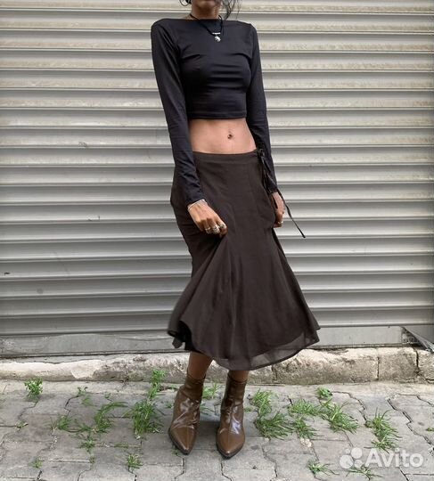 Юбка миди летящая коричневая сетка H&M