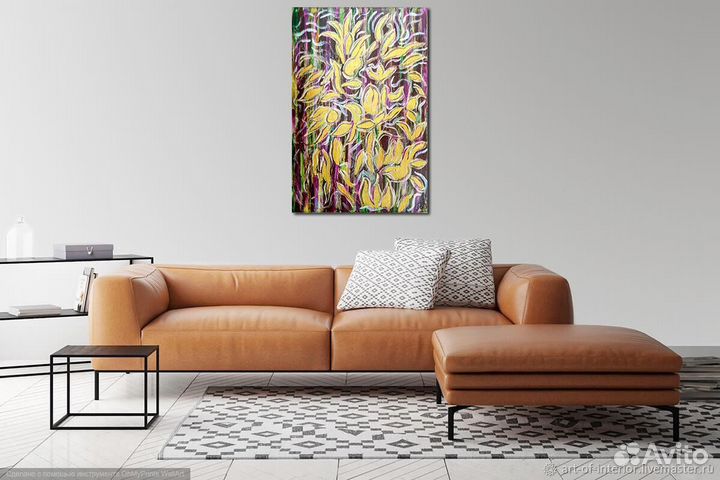 Картина в интерьер яркая абстракция цветы золото