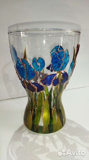 Ваза для цветов Ирисы авторская роспись по стеклу