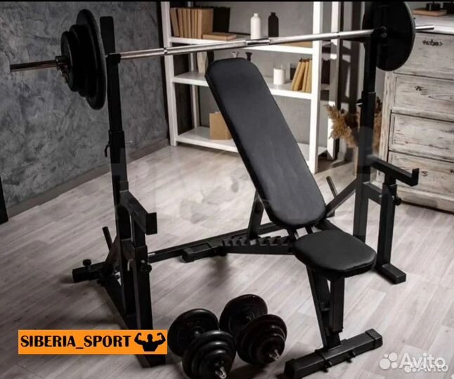 Скамья + Стойки + Штанга + Гантели