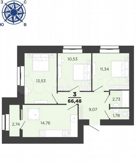 3-к. квартира, 65,1 м², 13/16 эт.