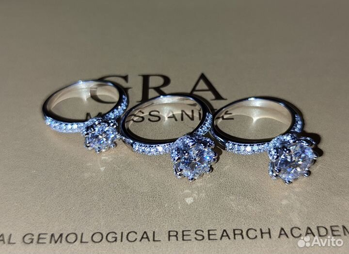 Кольцо серебро с муассанитом 2 ct и 3 ct