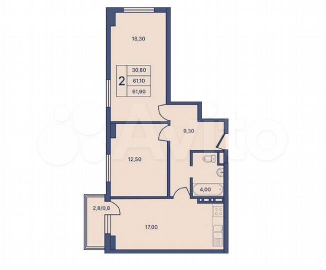 2-к. квартира, 62,1 м², 4/5 эт.