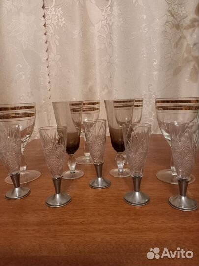 Фужеры 11шт, 5 на металлич ночке хрусталь