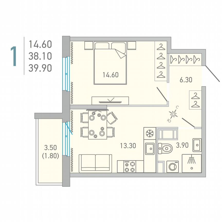 1-к. квартира, 39,9 м², 16/17 эт.