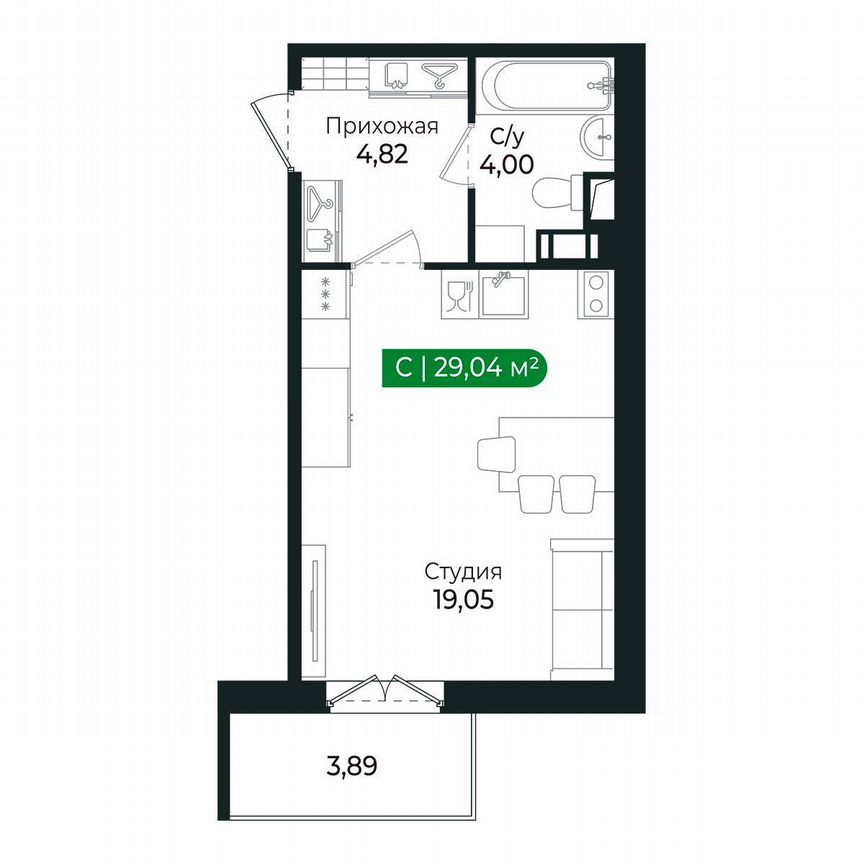 Квартира-студия, 29 м², 2/8 эт.