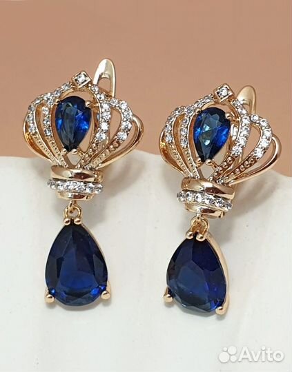 Серьги дубайское золото Корона с синим камнем
