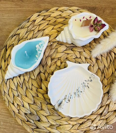 Ракушка из гипса, свеча. Кашпо, пелельница