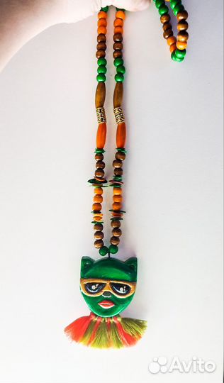 Бусы с кошкой из дерева. Ожерелье. Бохо. Хиппи