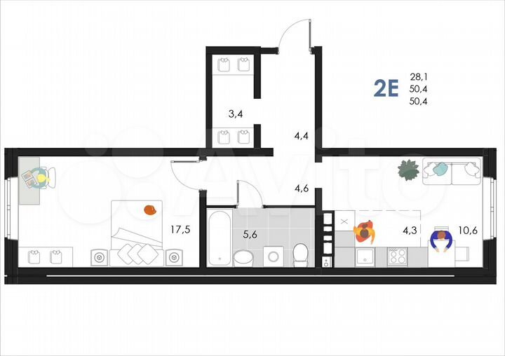 2-к. квартира, 50,4 м², 2/6 эт.