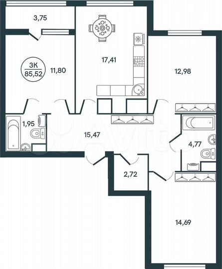 3-к. квартира, 85,5 м², 12/16 эт.