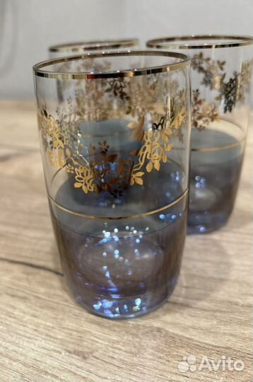 Стакан синее стекло, Чехословакия,роспись золотом